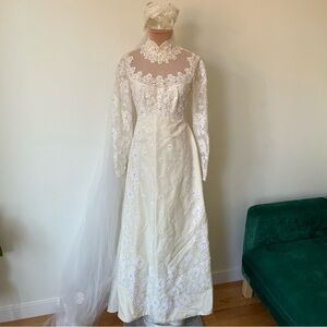 Priscilla Boston Vintage 60s Lace Bead Long Sleeve Illusion Wedding Gown & Veil